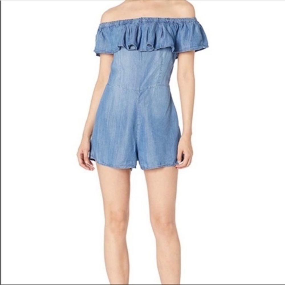 ALTAR’D STATES CHAMBRAY OFF SHOULDER COASTAL CHIC DENIM BLUE RUFFLE NECK ROMPER